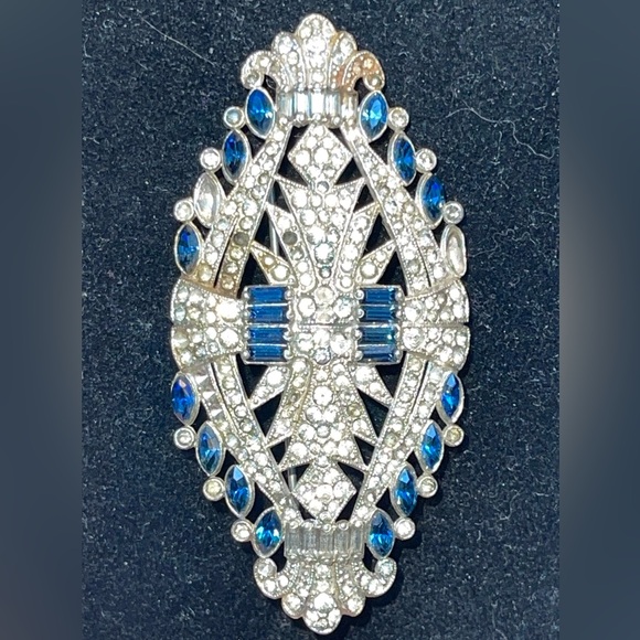 Vintage Art Deco Pavé Brooch 1920s-40s ✨ Blue Baguettes & Clear Rhinestones ✨ - Picture 1 of 12